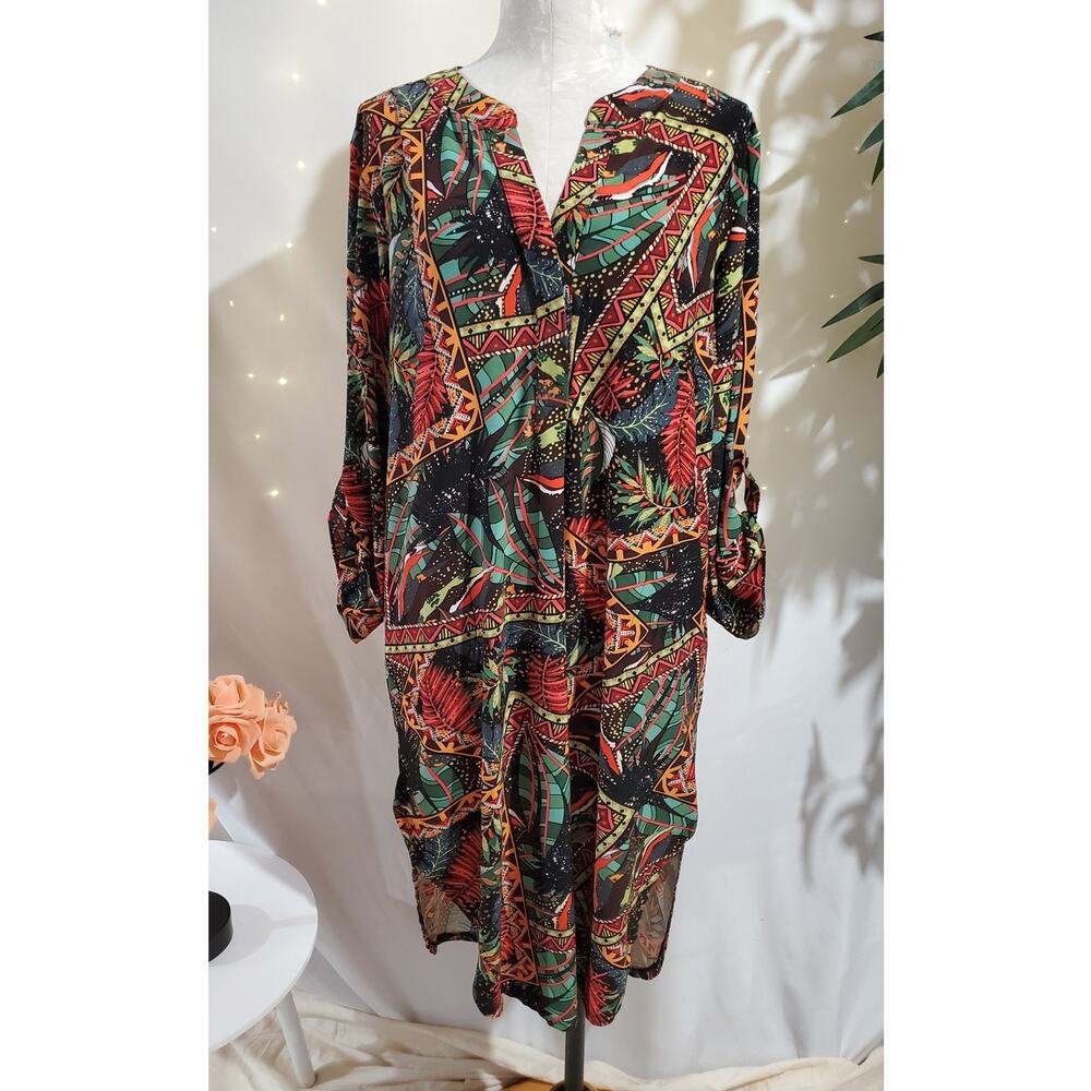 NWT Attitudes by Renee Tropical Roll Tab Sleeve Stretchy Shirt Dress Size SP Art